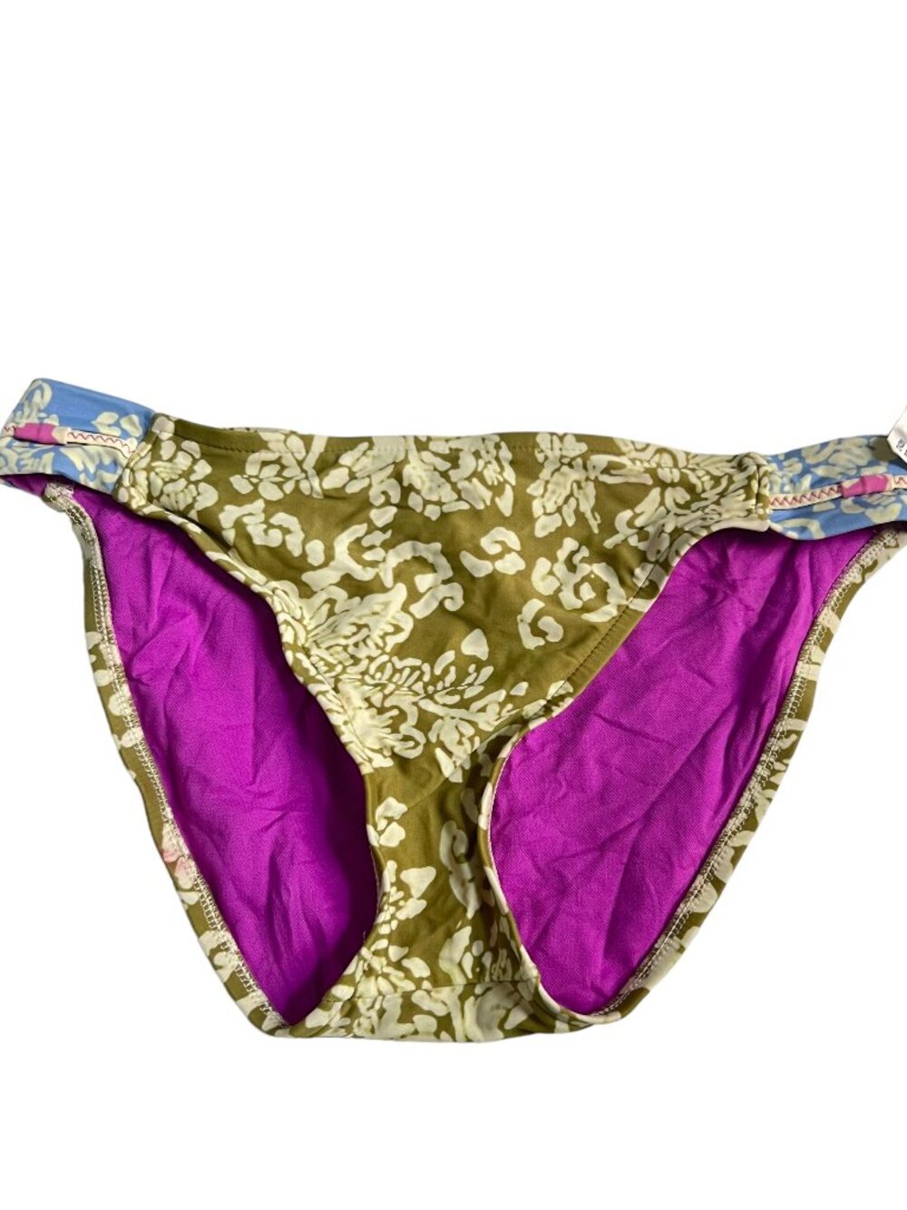 Lucky Brand bikini bottoms olive green blue floral Large swim swimsuit